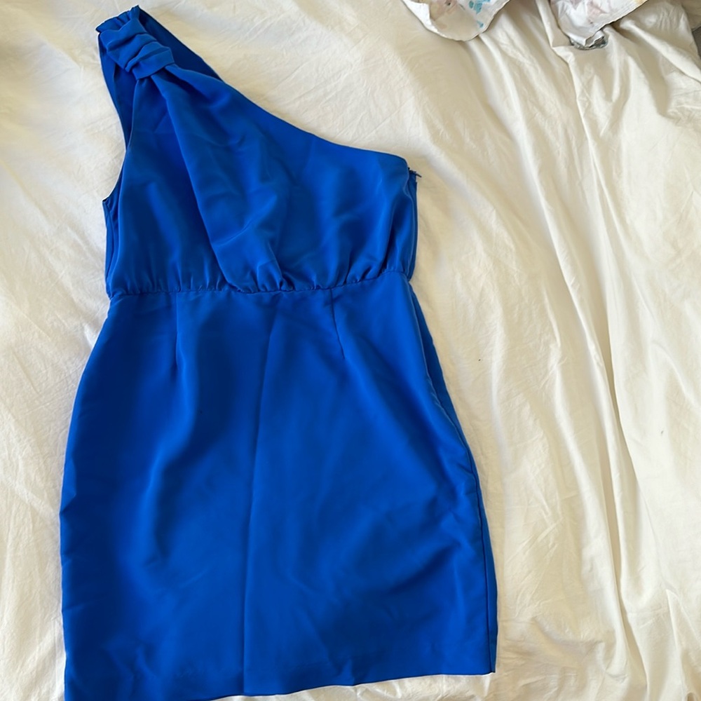 One shoulder blue dress. Great for going out!